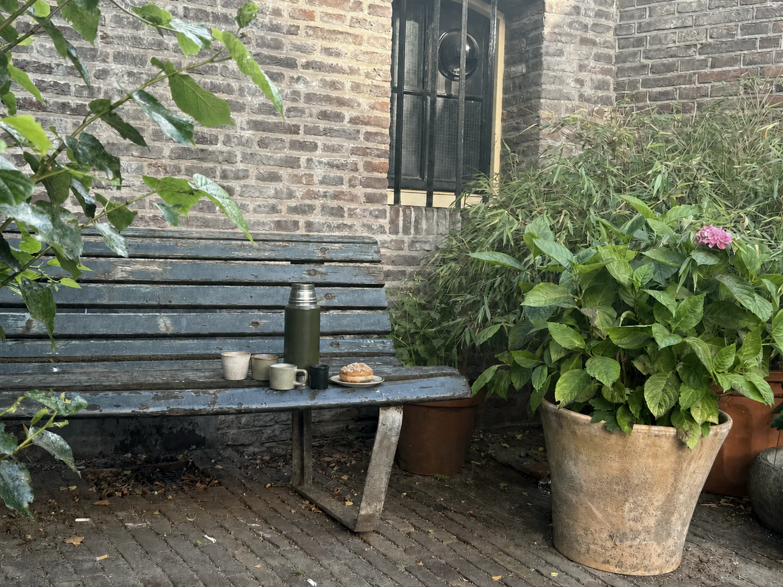 Koffie en iets lekkers op het bankje bij de groene deur